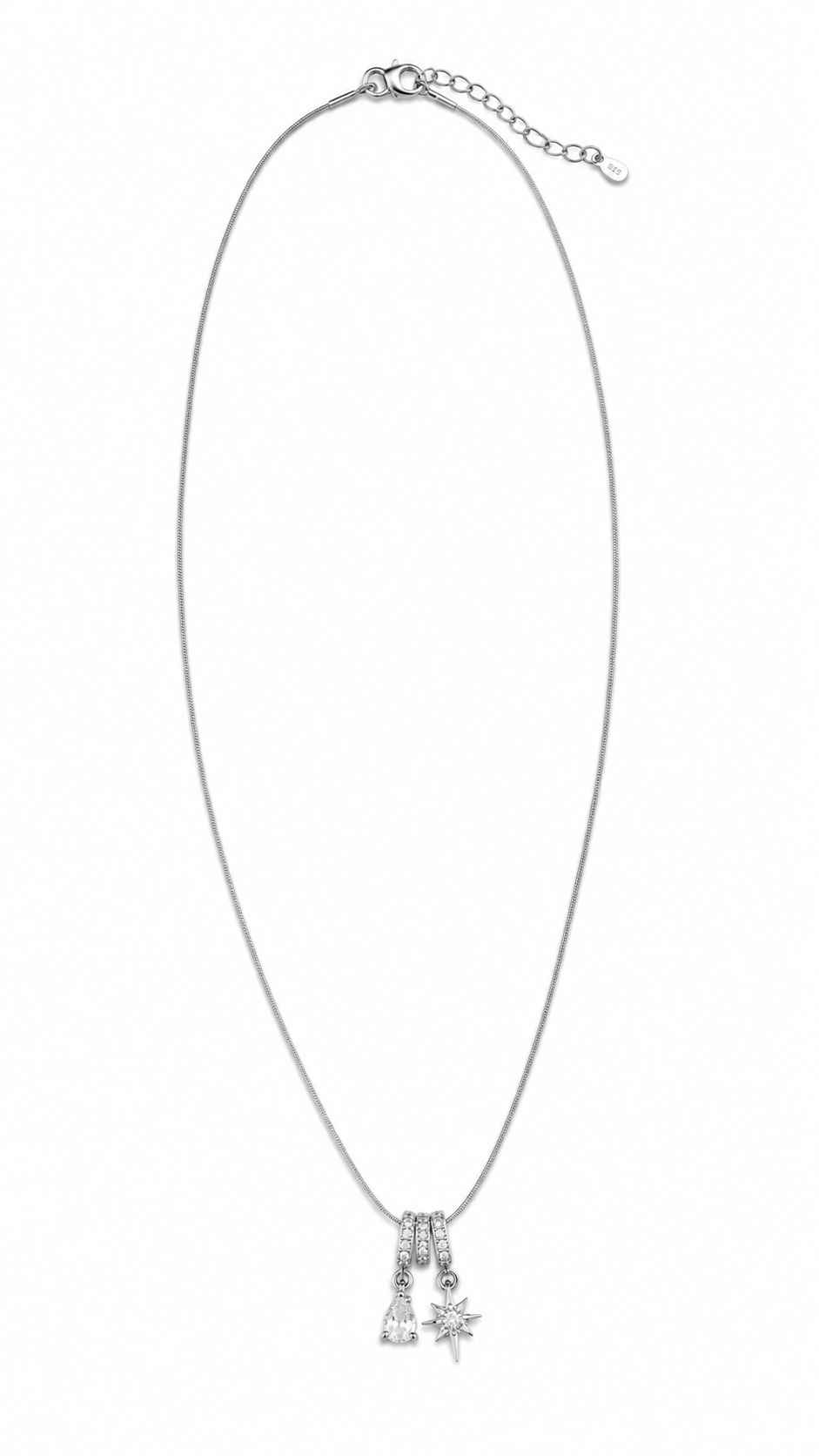 Çelik Charmlı Damla Yıldız Taşlı Kolye Gümüş 45cm
