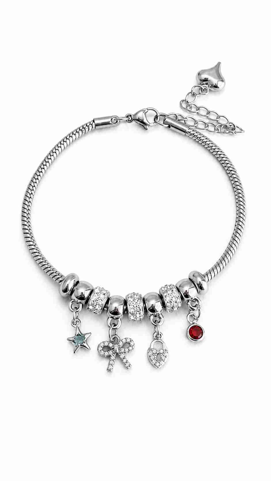Çelik Charmlı Kurdele Kilit Taşlı Pandora Bileklik Gümüş 16+5cm