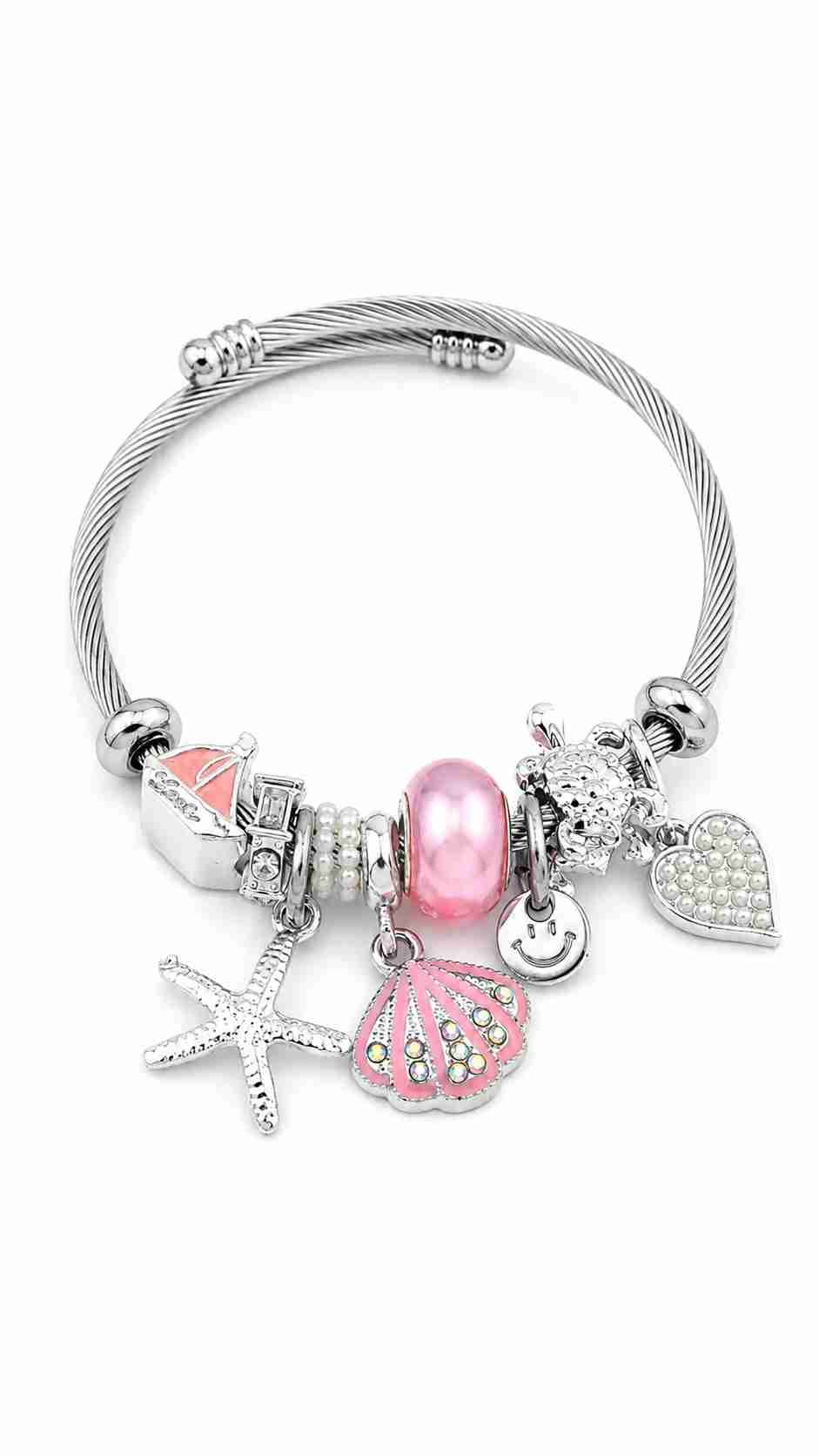 Çelik Pembe Tonlu Deniz Temalı Charmlı Pandora Bileklik Gümüş